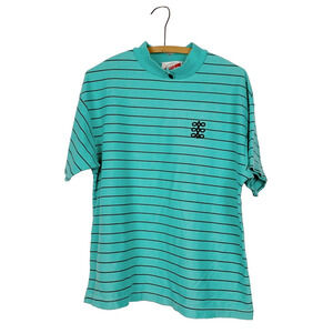 Vintage 80s 90s Willy-Dee Blue Green Black Striped Tee T-Shirt Womens Large